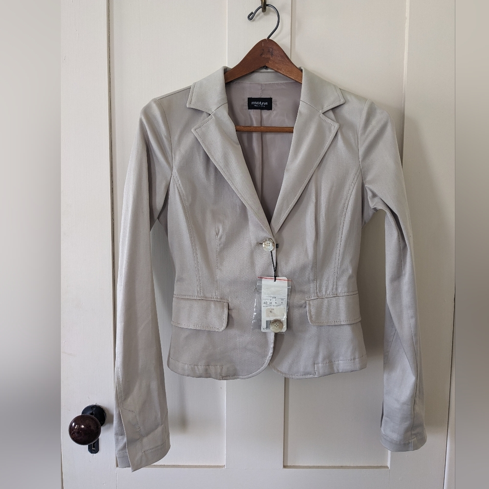 Motivi Crop Blazer Beige Italian Silk Suit Jacket S 4